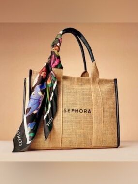 Sephora Natural Beige Jute Tote with Multicolor Scarf Accent